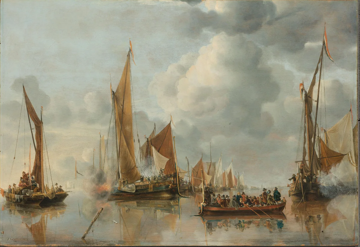 The Home Fleet Saluting the State Barge by Jan van de Cappelle, painting, 1650