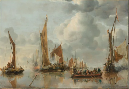 The Home Fleet Saluting the State Barge by Jan van de Cappelle, painting, 1650