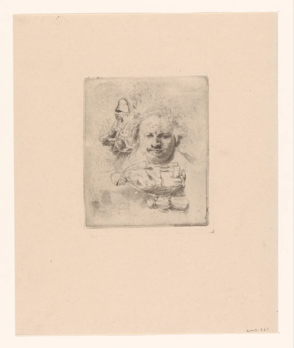 Sheet of studies with the head of the artist, a beggar man, woman and child by Ignace-Joseph de Claussin, print, 1805-1844