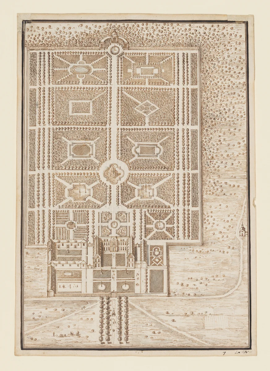 Bird's-Eye View of a French Château and Formal Garden by anonymous, drawing, 1700-1799
