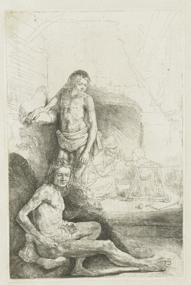 Male nude, seated and standing by Rembrandt van Rijn, print, 1646