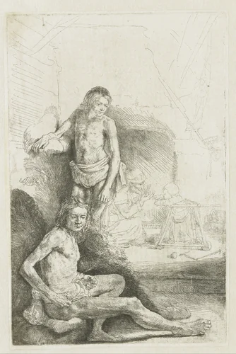 Male nude, seated and standing by Rembrandt van Rijn, print, 1646