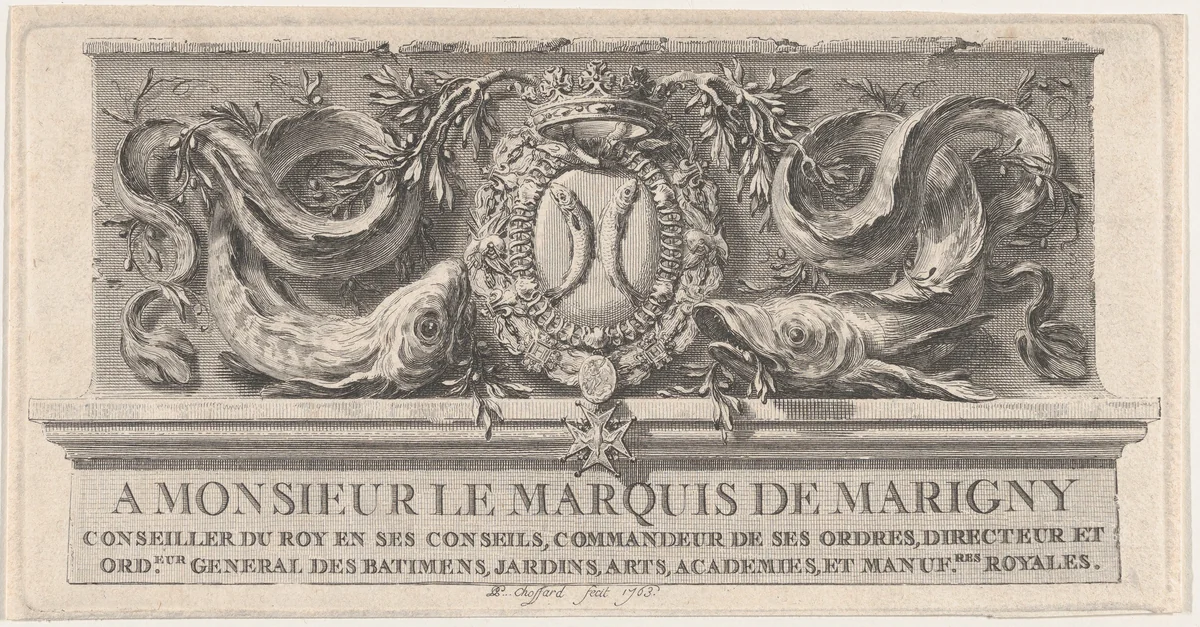 Coat of Arms of the Marquis de Marigny by Pierre Philippe Choffard, print, 1763