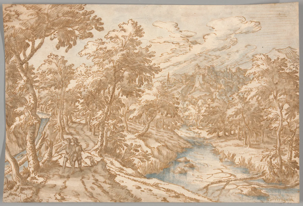Landscape with Two Men Walking by Tobias Verhaecht, drawing, 1580-1631