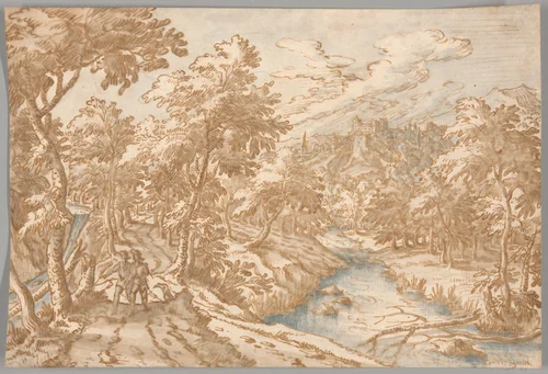 Landscape with Two Men Walking by Tobias Verhaecht, drawing, 1580-1631