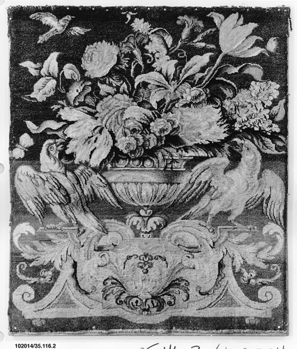 Flowers in a golden vase, with three birds by Savonnerie Manufactory, textile, 1685-1715