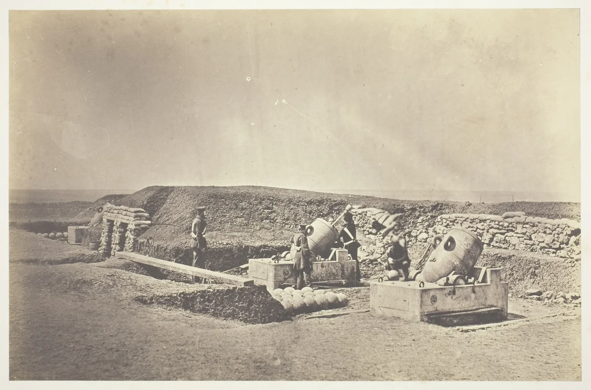 Mortar Batteries in front of Picquet House, Light Division by Roger Fenton, photograph, 1855