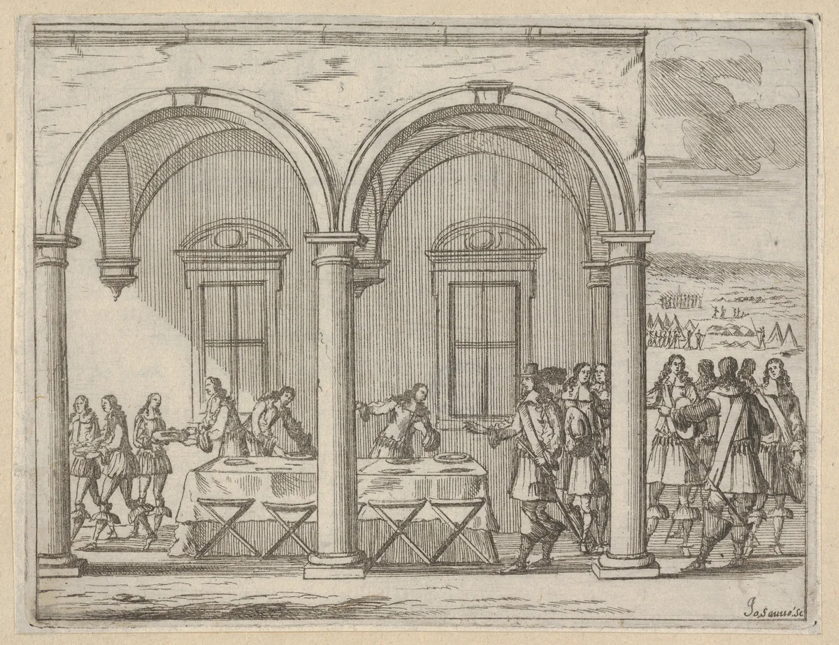 Francesco I d'Este Sustains Himself While on His War Campaign, from "L'Idea di un Principe ed Eroe Cristiano in Francesco I d'Este, di Modena e Reggio Duca VIII [...]" by Bartolomeo Fenice, print, 1659