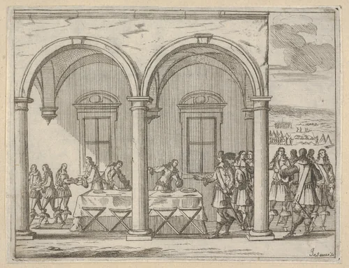 Francesco I d'Este Sustains Himself While on His War Campaign, from "L'Idea di un Principe ed Eroe Cristiano in Francesco I d'Este, di Modena e Reggio Duca VIII [...]" by Bartolomeo Fenice, print, 1659