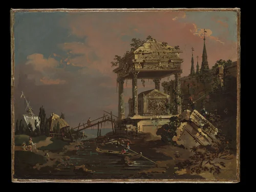 Imaginary View with a Tomb by the Lagoon by Canaletto, painting, 1740-1743
