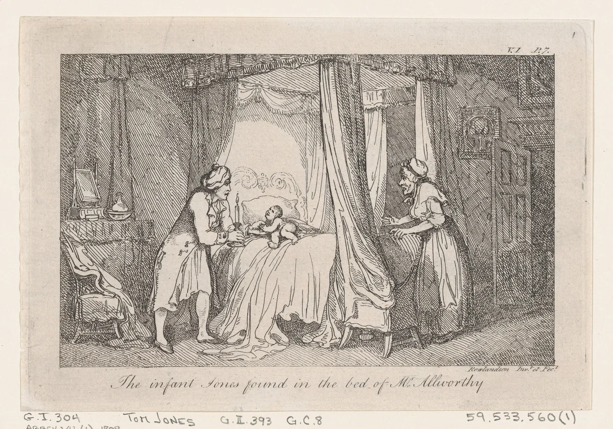 The infant Jones found in the bed of Mr. Allworthy, from "The History of Tom Jones, a Foundling" by Thomas Rowlandson, print, 1792