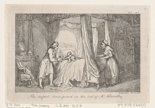 The infant Jones found in the bed of Mr. Allworthy, from "The History of Tom Jones, a Foundling" by Thomas Rowlandson, print, 1792