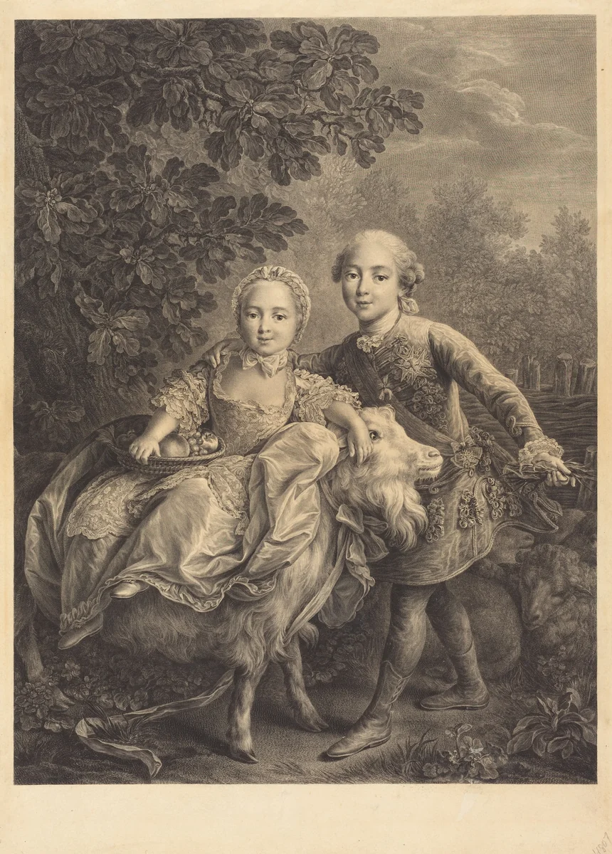 The Comte d'Artois and His Sister Mademoiselle Clotilde by Jacques-Firmin Beauvarlet; François-Hubert Drouais, print, 1767