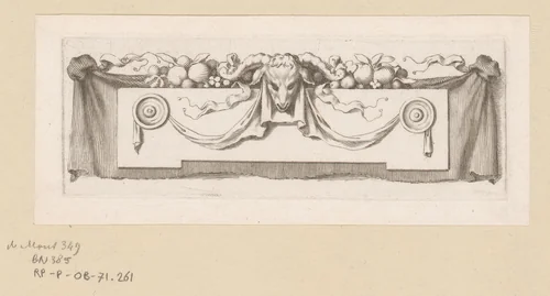 Vignet met ramskop en fruit tegen een draperie by Claude Mellan, print, 1639-1643