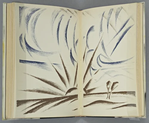 Double page plate (between pages 86 and 87) from Vertogradari Nad Lozami (Gardeners over the Vines) by Natalia Goncharova, illustrated book, 1913