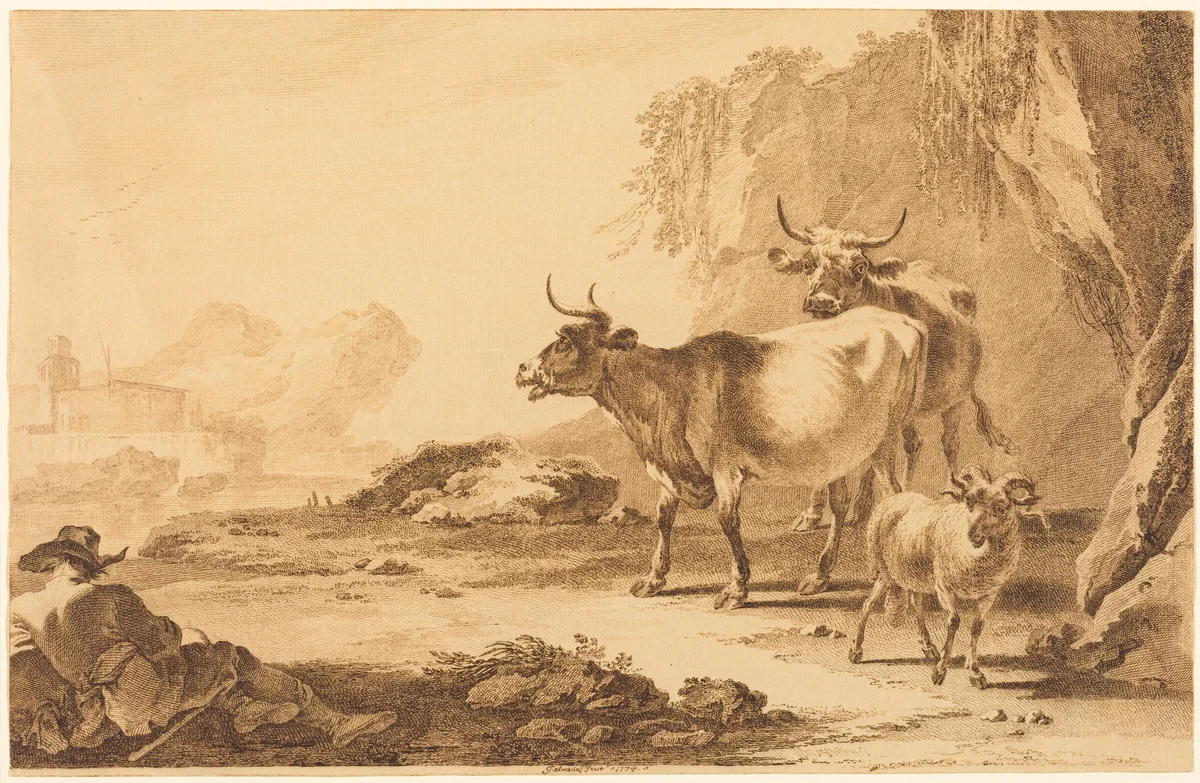 Landscape with Cattle, a Goat, and a Resting Shepherd by Pietro Giacomo Palmieri, drawing, 1774