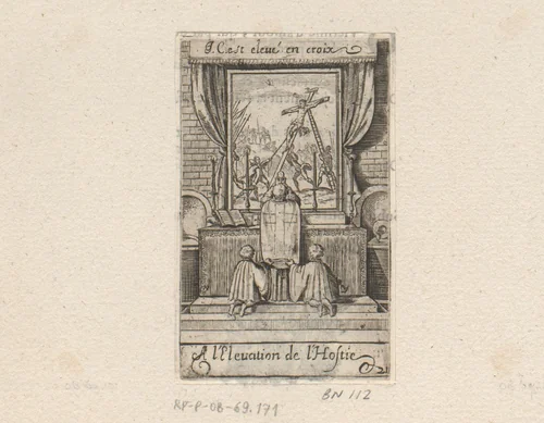 Priester met hostie en twee misdienaars voor een altaar by Sébastien Leclerc, print, 1661