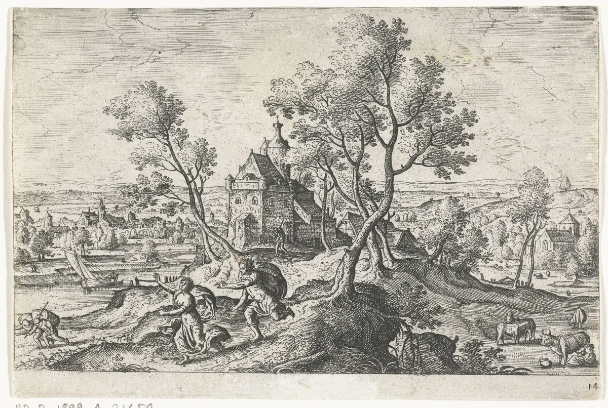 Apollo vervolgt Daphne by anonymous, print, 1550-1650