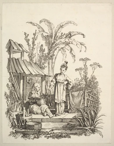 A Seated Chinese Man and a Woman Carrying a Fish by Gabriel Huquier, print, 1737-1747