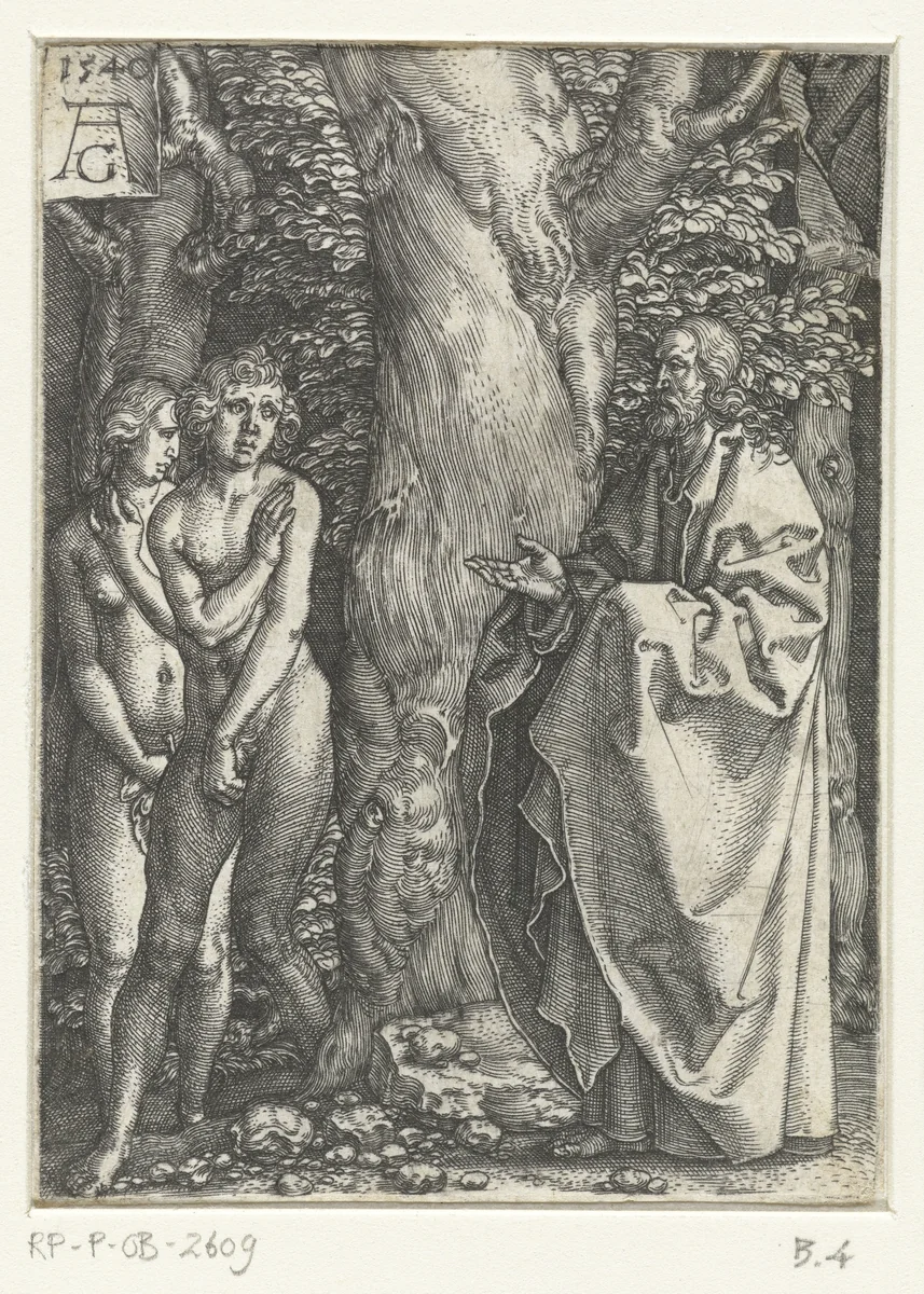 Adam en Eva schamen zich by Unknown, print, 1540