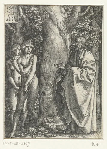 Adam en Eva schamen zich by Unknown, print, 1540