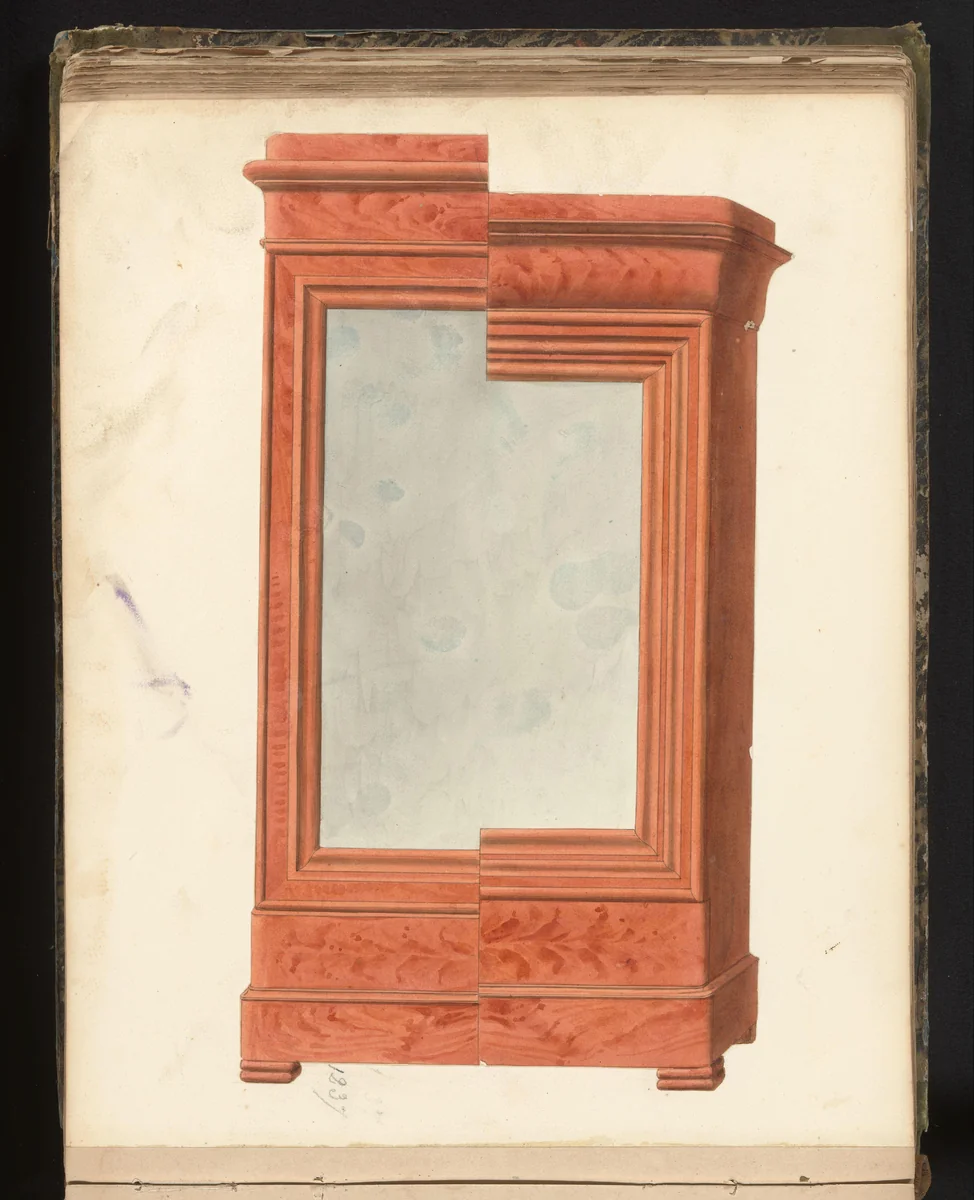 Twee ontwerpen voor kasten met een spiegel by anonymous, drawing, 1825-1839