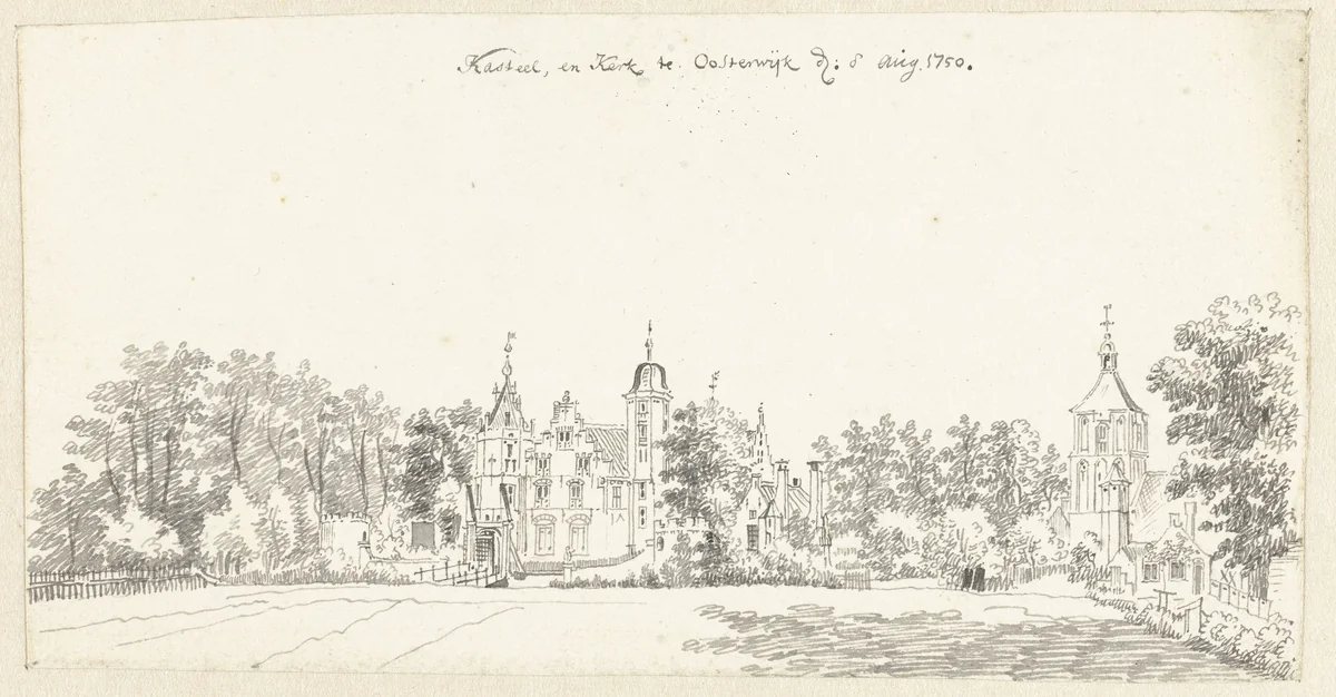 Kasteel en kerk te Oosterwijk, bij Heukelum by Jan de Beijer, drawing, 1750