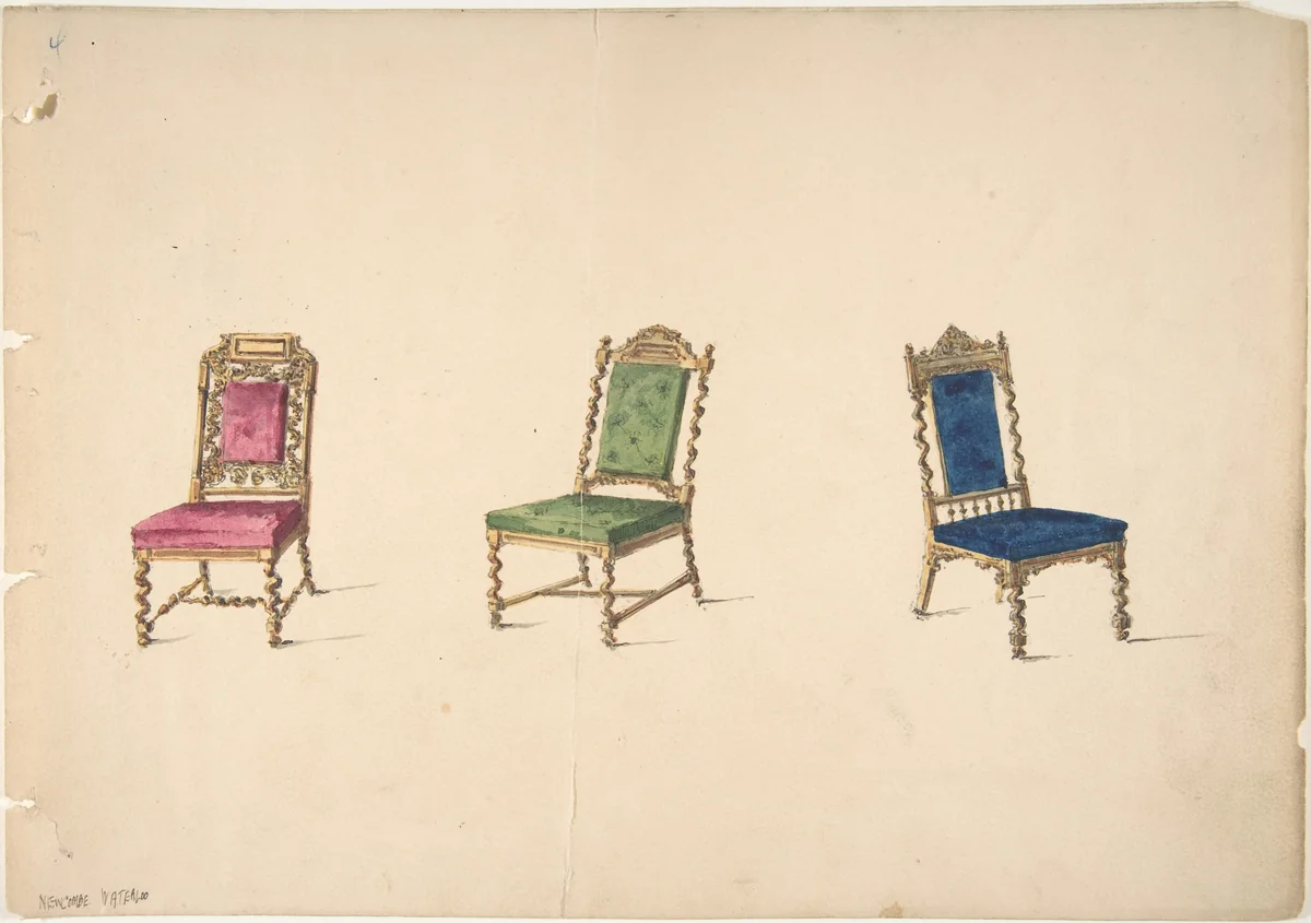 Designs for Three Chairs with Turned Legs and Backs by anonymous, drawing, 1815-1825