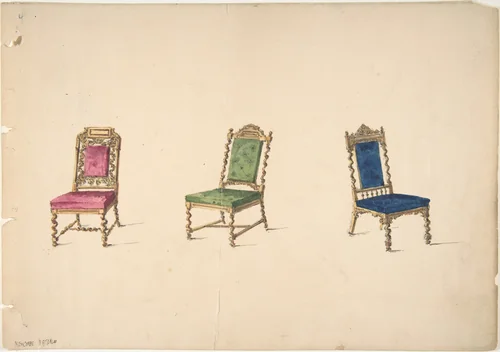 Designs for Three Chairs with Turned Legs and Backs by anonymous, drawing, 1815-1825