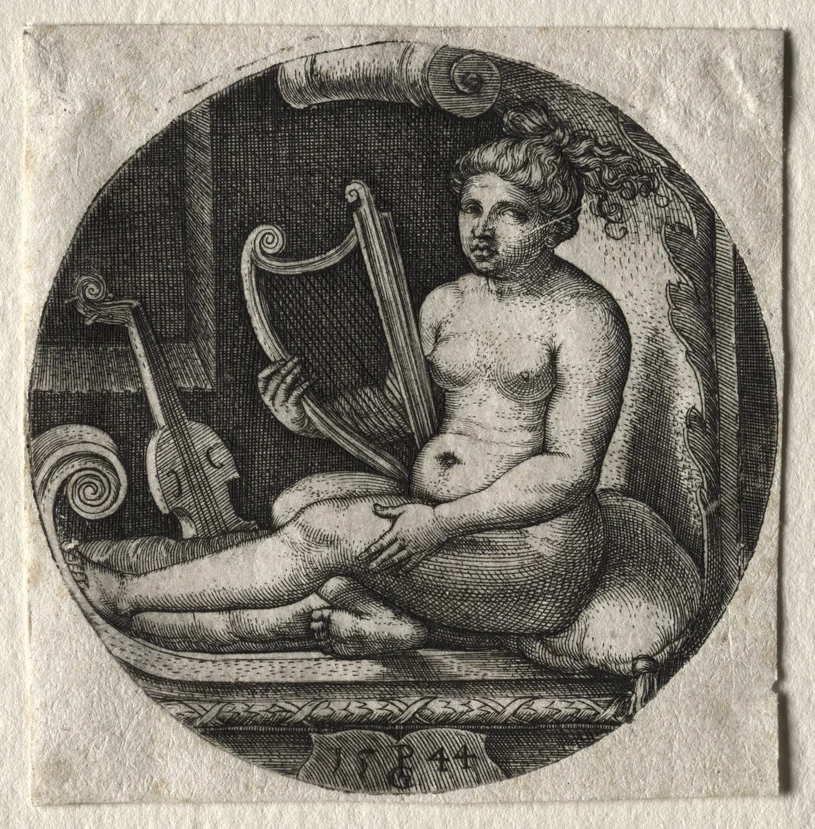 The harpist by Georg Pencz, print, 1544