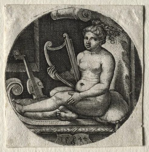 The harpist by Georg Pencz, print, 1544