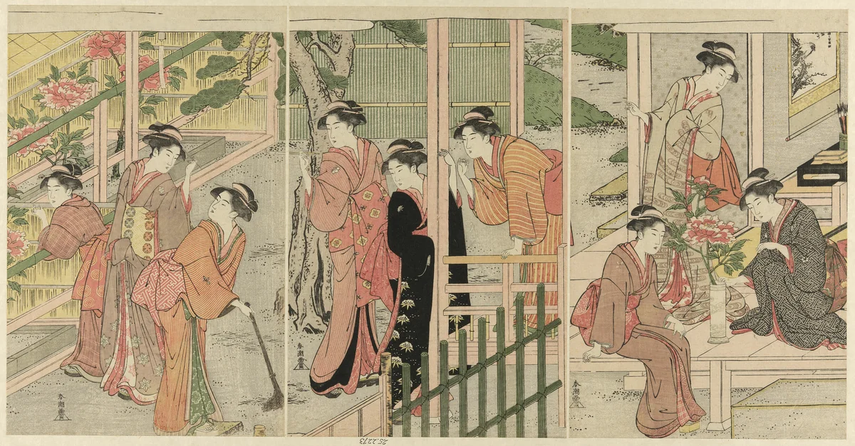 Women Admiring Peonies by Katsukawa Shuncho, print, 1784-1806