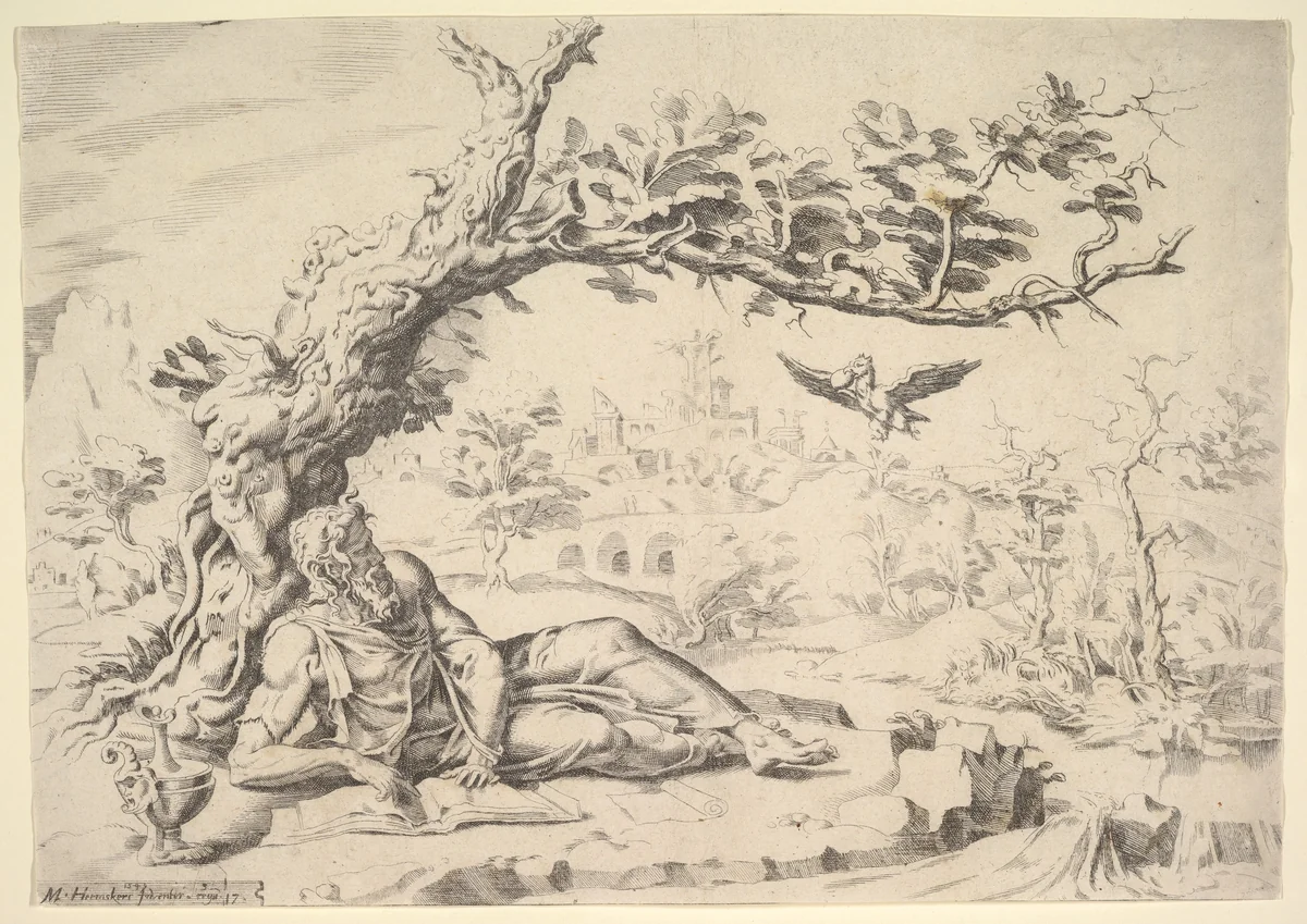 Elijah Fed by Ravens by Dirck Volckertsz. Coornhert, print, 1549