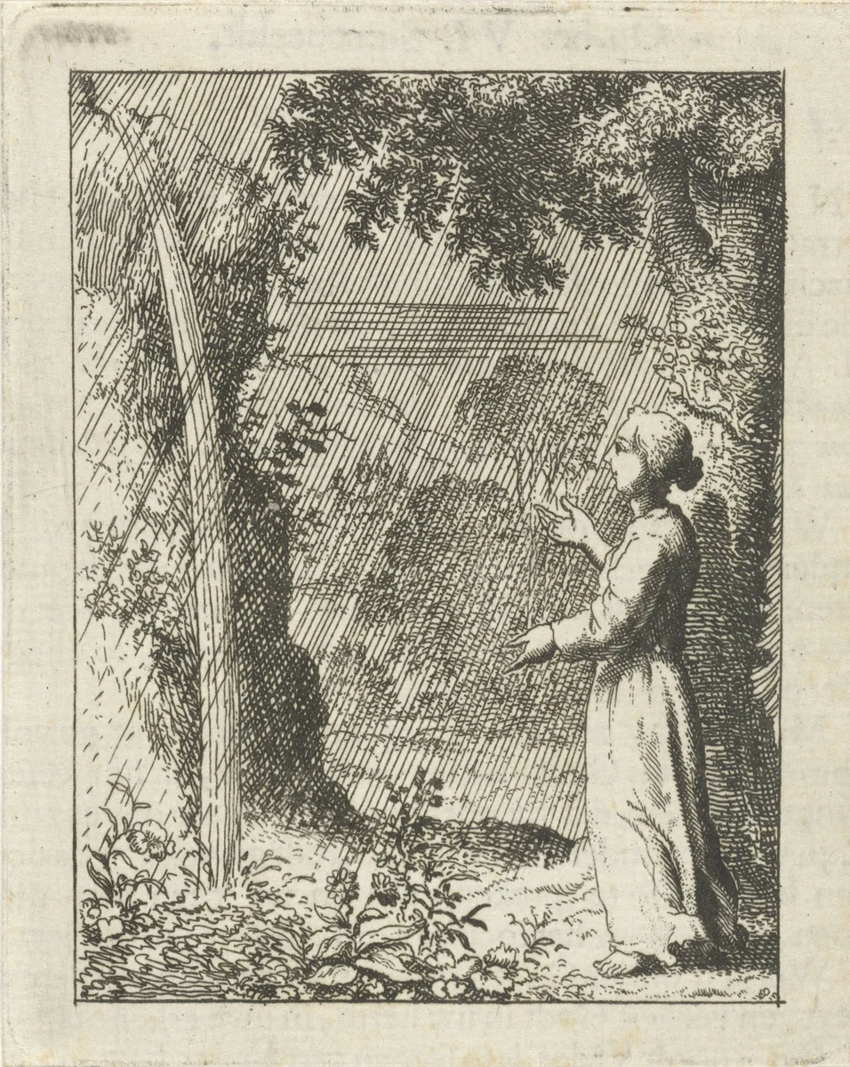 Gepersonifieerde ziel aanschouwt de regen by Jan Luyken, print, 1678-1687