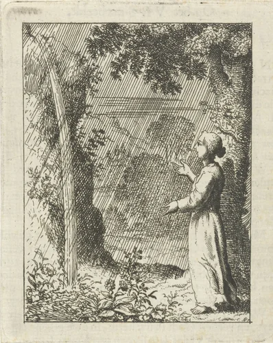 Gepersonifieerde ziel aanschouwt de regen by Jan Luyken, print, 1678-1687