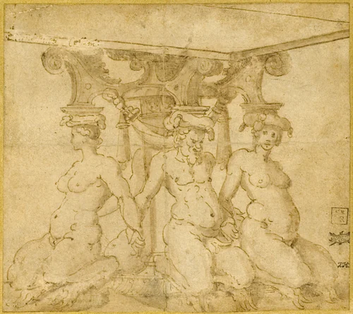 Design for an Ornamental Base with Kneeling Satyresses and Satyr by Marco Marchetti, drawing, 1546-1588