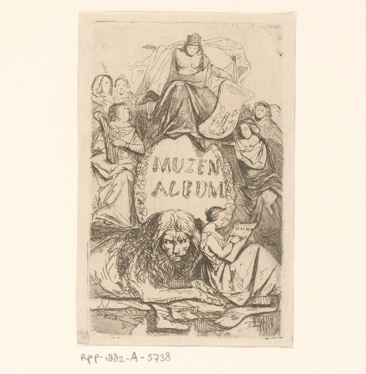 Allegorische vrouwen figuren en een leeuw rondom een cartouche by Guillaume Joseph Vertommen, print, 1843-1845