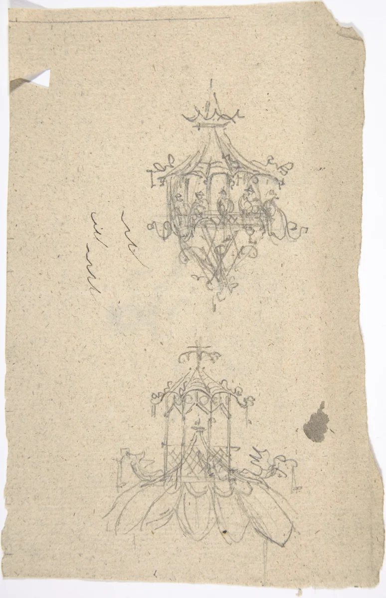 Two Designs for Chinese Lanterns (recto); Design for a Neoclassical Tomb or Monument with Sphinxes (verso) by anonymous, drawing, 1763-1790