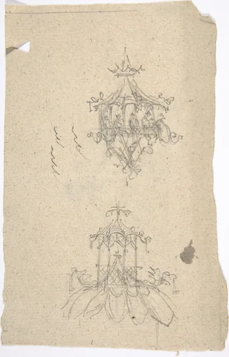 Two Designs for Chinese Lanterns (recto); Design for a Neoclassical Tomb or Monument with Sphinxes (verso) by anonymous, drawing, 1763-1790