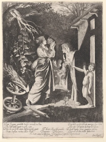 The Mocking of Ceres: a nocturnal scene with Ceres drinking from a jug of water given to her by Stellio at right by Bernardino Capitelli, print, 1633