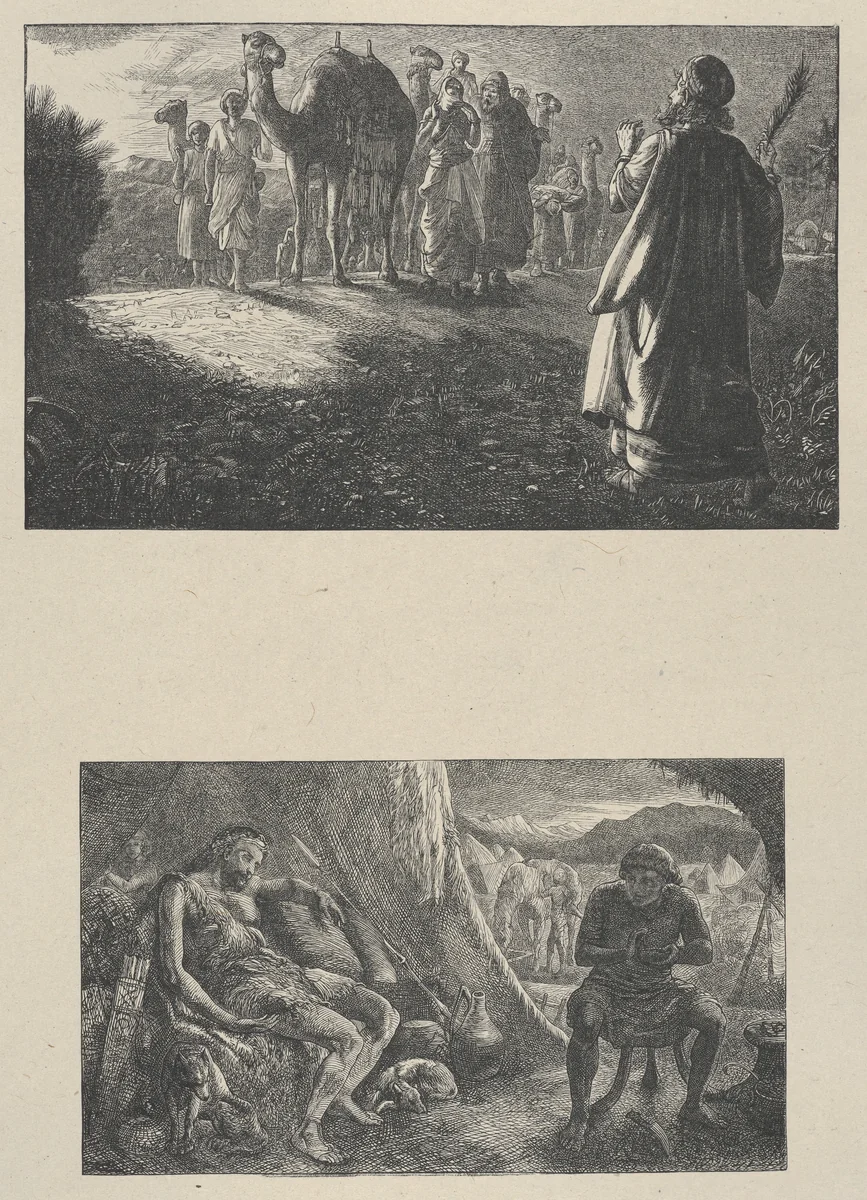 Isaac Meeting Rebekah–Esau Selling His Birthright, from "Dalziels' Bible Gallery" by Thomas Dalziel, print, 1865-1881