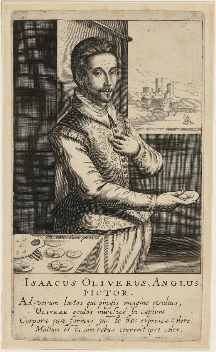 Isaac Oliver, Miniature Painter by Robert de Baudous; Hendrik Hondius I, print, 1610