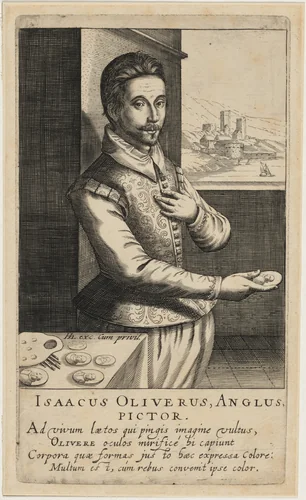 Isaac Oliver, Miniature Painter by Robert de Baudous; Hendrik Hondius I, print, 1610