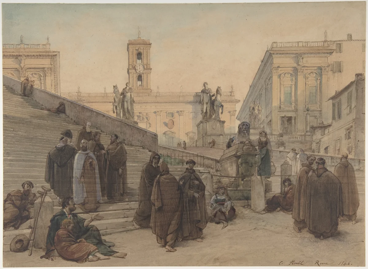 The Campidoglio seen from the Staircase of the Church of the Aracoeli, Rome, at Sunset by Charles-François Houel, drawing, 1846