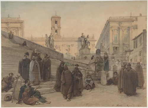 The Campidoglio seen from the Staircase of the Church of the Aracoeli, Rome, at Sunset by Charles-François Houel, drawing, 1846