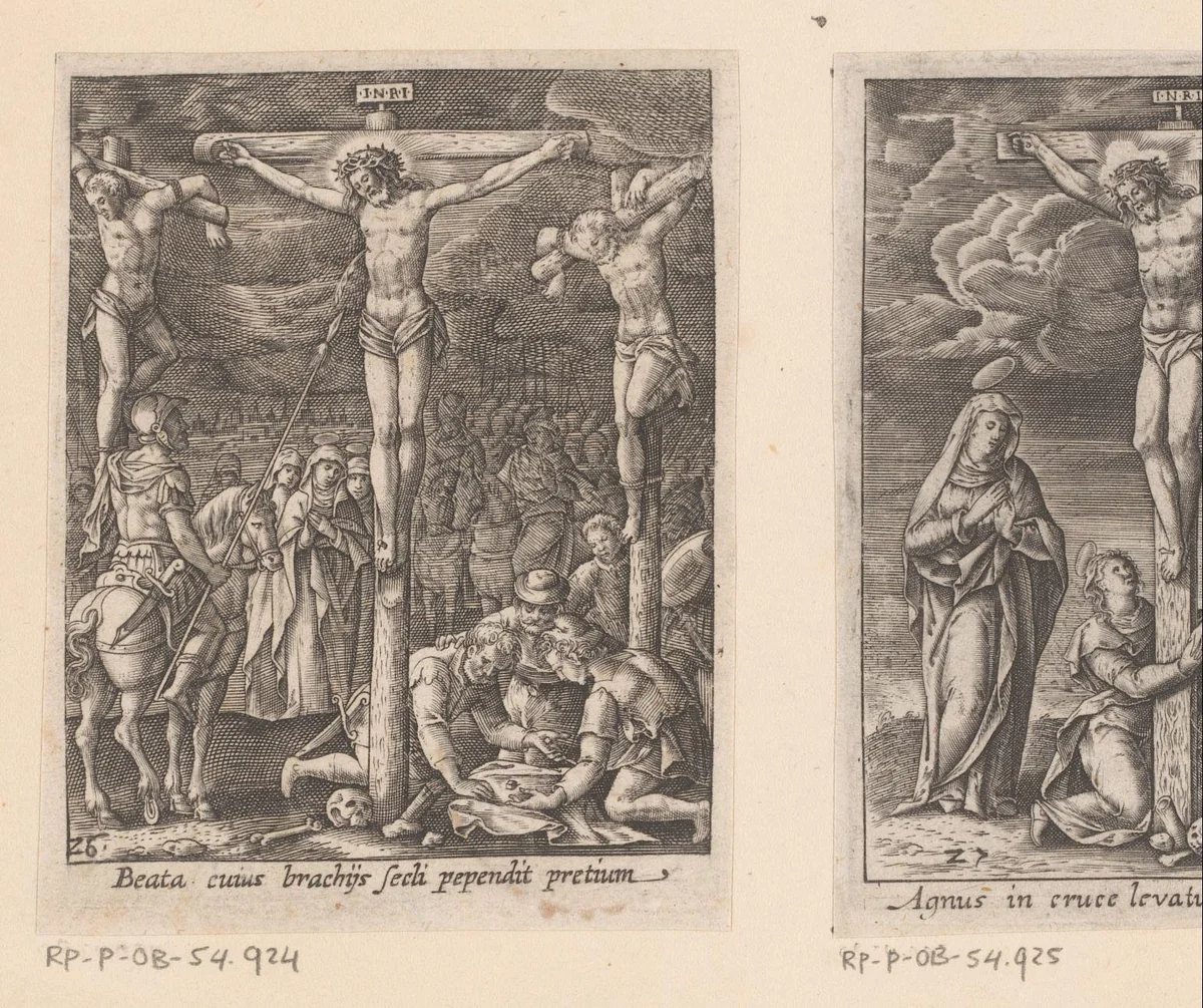 Longinus steekt de gekruisigde Christus met een lans by Heinrich Ulrich, print, 1582-1671