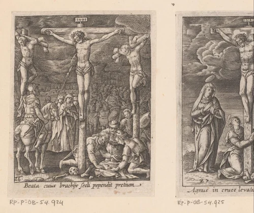 Longinus steekt de gekruisigde Christus met een lans by Heinrich Ulrich, print, 1582-1671