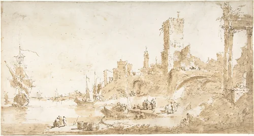 Capriccio with a Seaport and Classical Ruins by Francesco Guardi, drawing, 1712-1793