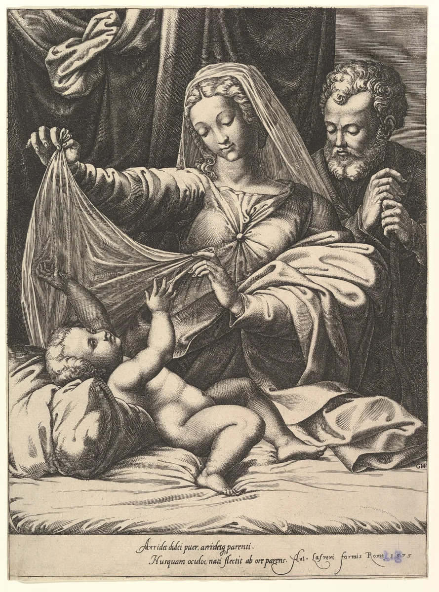 Madonna of Loreto, the Virgin lifts a veil above the Child, who lies on a bed and pillow, Joseph stands behind with both hands on his staff by Giorgio Ghisi, print, 1575