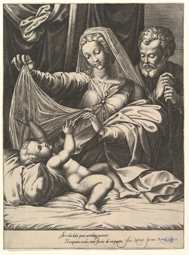 Madonna of Loreto, the Virgin lifts a veil above the Child, who lies on a bed and pillow, Joseph stands behind with both hands on his staff by Giorgio Ghisi, print, 1575